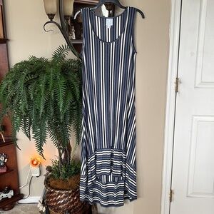 Sunday Anthropologie Blue White Striped High Low Maxi Dress Sleeveless Stretch